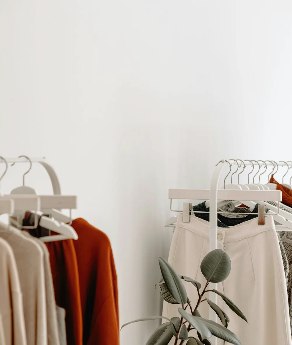 Neutral wardrobe essentials beside a leafy plant